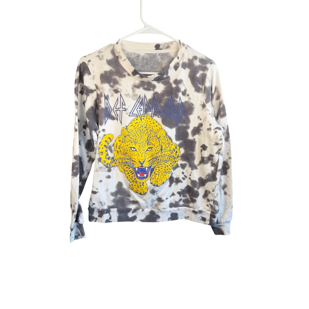 Def Leppard Jaguar Graphic Tie Dye Sweatshirt Rock Band Grey White Boxy Small